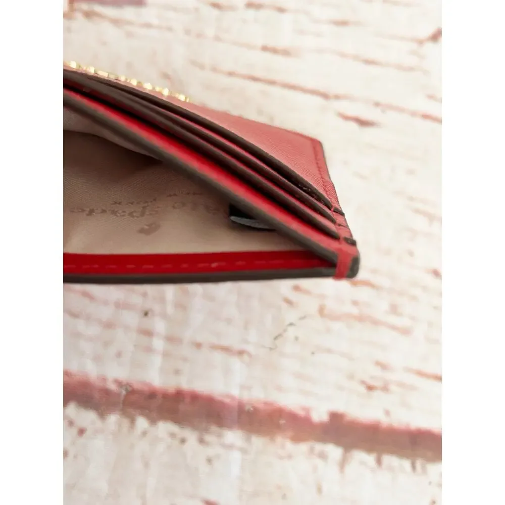 KATE SPADE Red Saffiano Leather Slim Card Holder Minimalist Credit Card Wallet